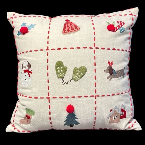 Christmas Pillow 17X17 Red Stitch Mittens Tree Dog Stocking Snowman Hat Holly - Picture 1 of 2